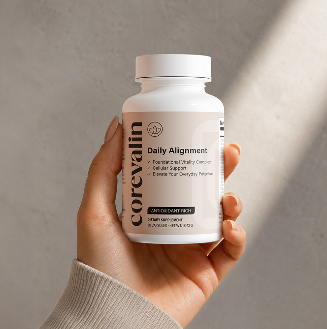 Woman holding a bottle of Corevalin Daily Alignment dietary supplement